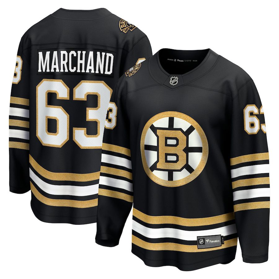Men Boston Bruins 63 Brad Marchand Fanatics Branded Black 100th Anniversary Premier Breakaway Player NHL Jersey